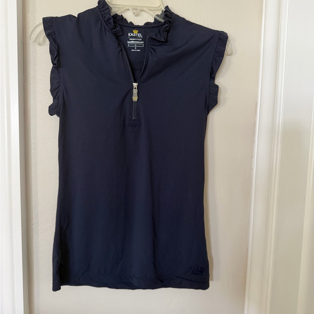Kastel Denmark Navy Ruffle Mock Neck Zip Tank